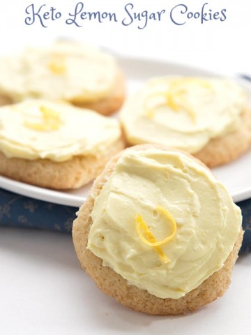 Close up shot of keto lemon cookies with lemon cream cheese frosting