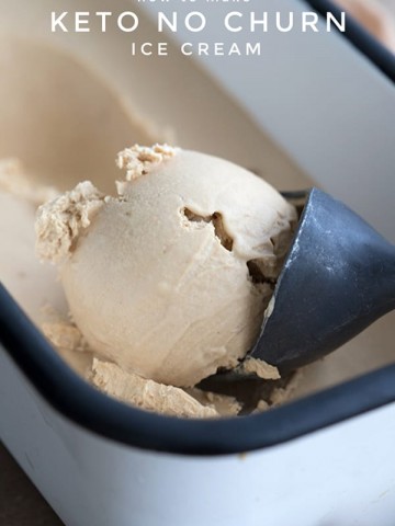 Titled image of a scoop of no churn keto coffee ice cream being scooped out of the container.