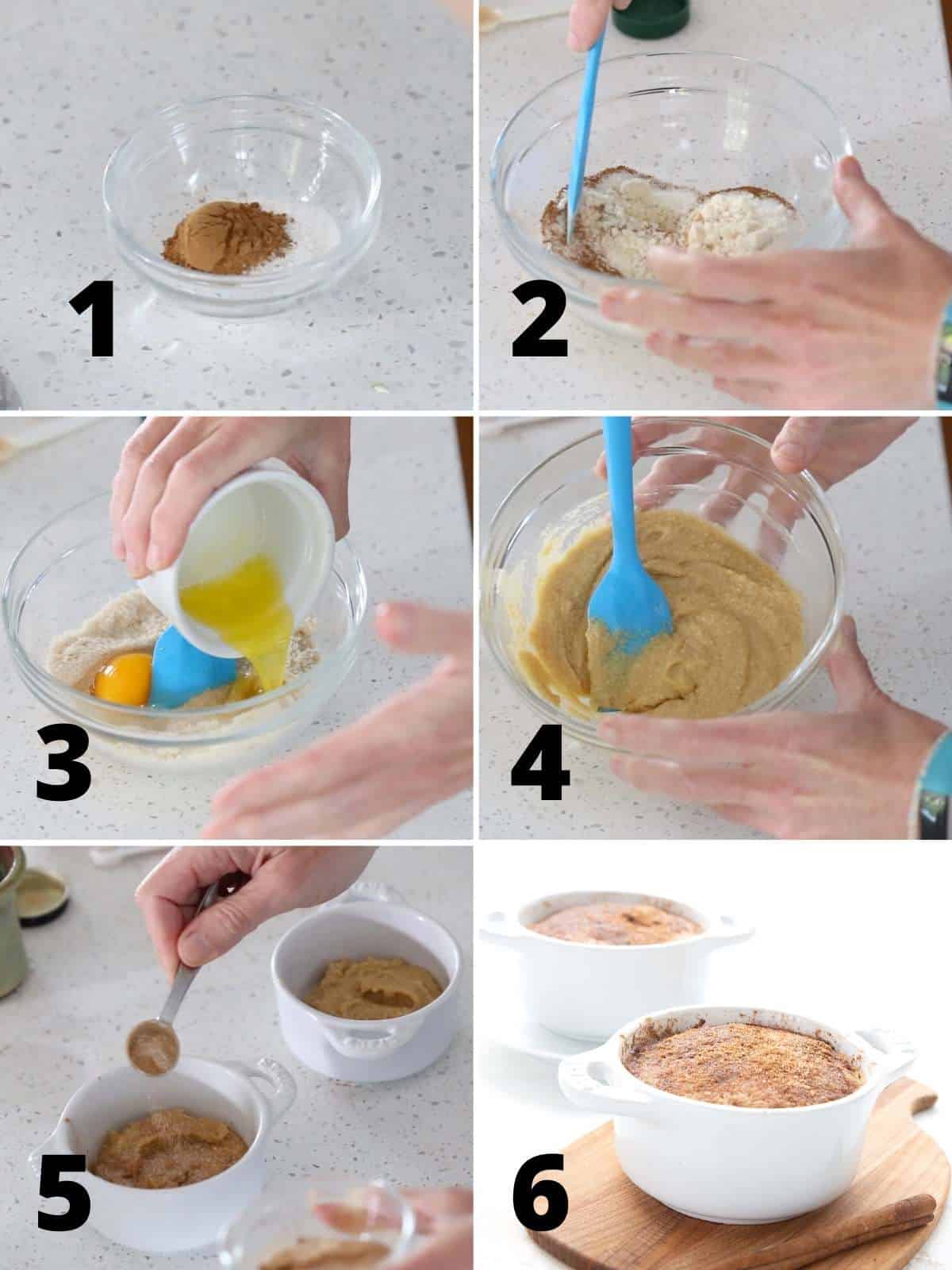 A collage of 6 images showing the steps for making keto mug cakes.