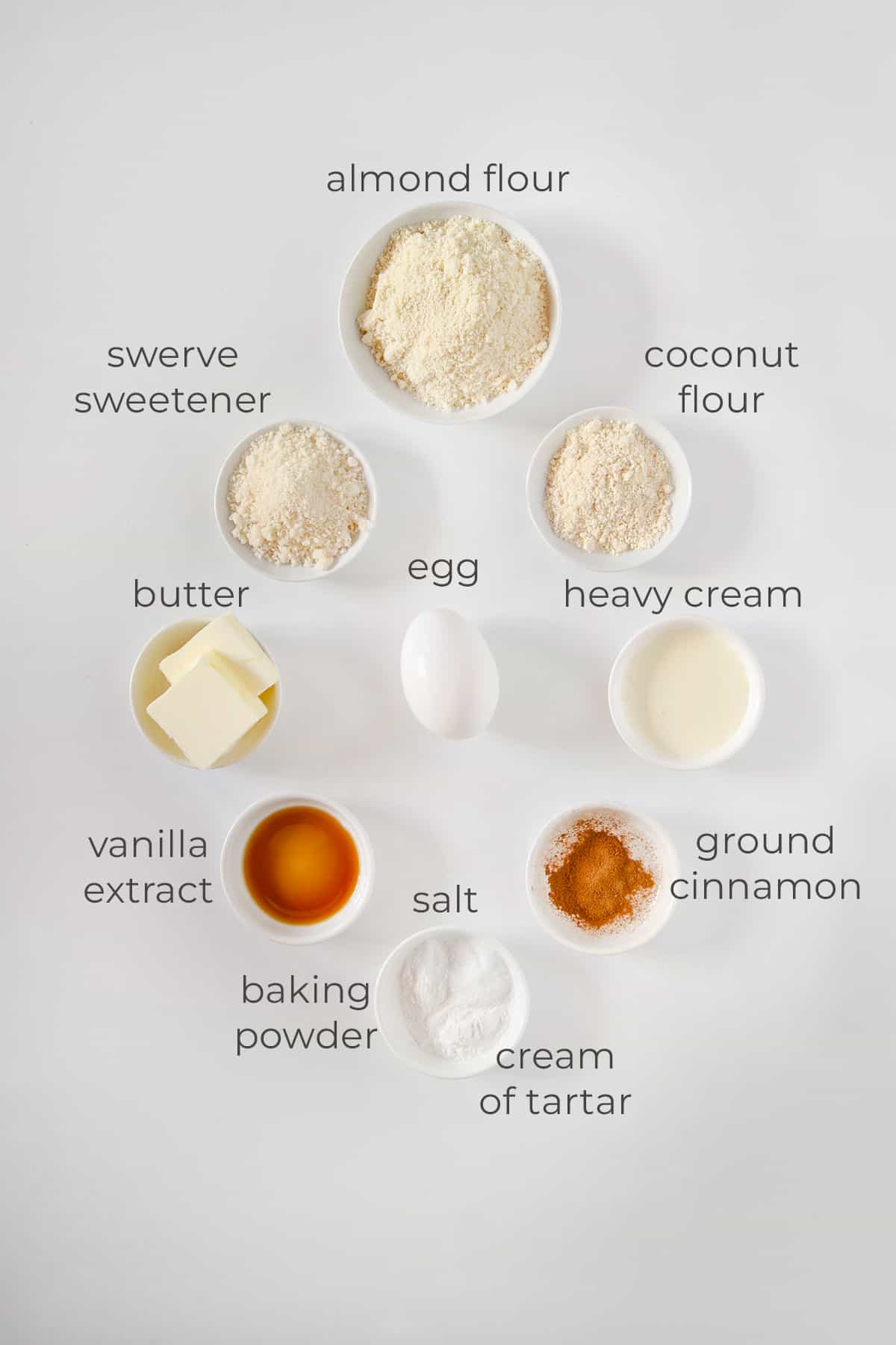 Top down image of labeled ingredients for easy keto mug cakes. 