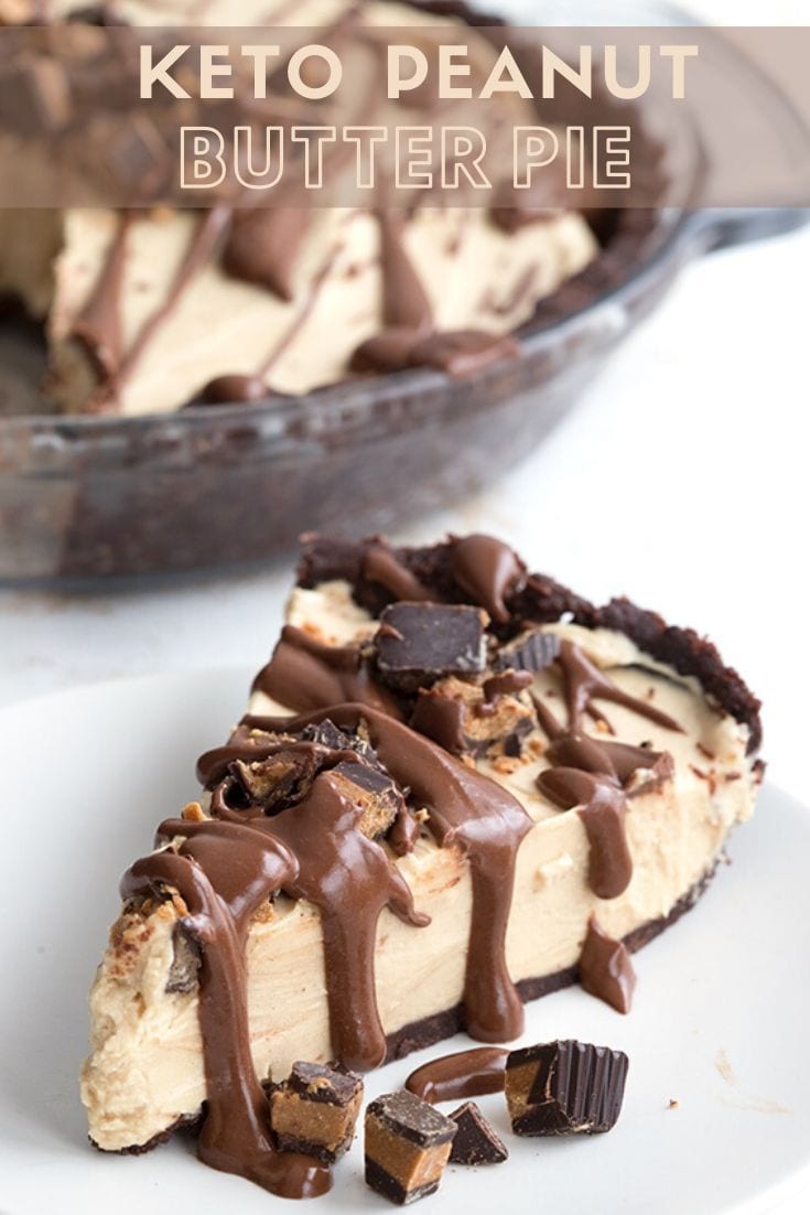 Titled image of keto dairy-free peanut butter pie. A slice of pie on a white plate with the pie in the background