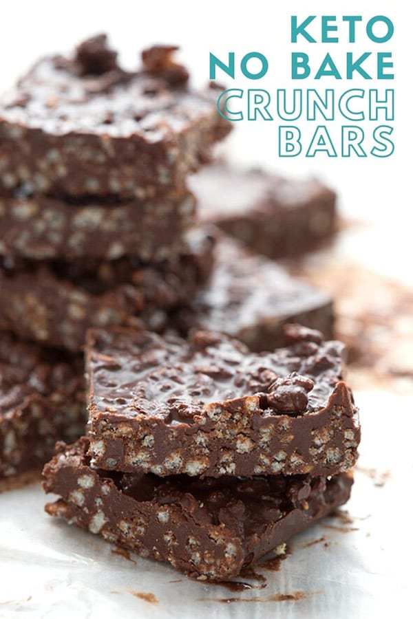 Titled image of keto no bake chocolate crunch bars in a stack, with two bars close up in front.