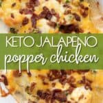 Top down image of Keto Jalapeno Popper Chicken in a white oval dish, with a highlighted title across the center.