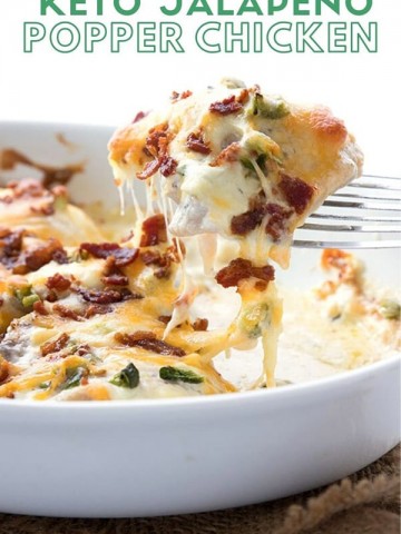 Titled image of Jalapeno Popper Chicken, with a serving being lifted out of a white baking dish, all gooey cheese and bacon