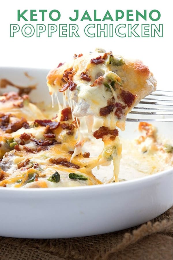 Titled image of Jalapeno Popper Chicken, with a serving being lifted out of a white baking dish, all gooey cheese and bacon