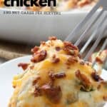 Titled Pinterest image of a piece of Jalapeno Popper Chicken being placed on a plate.