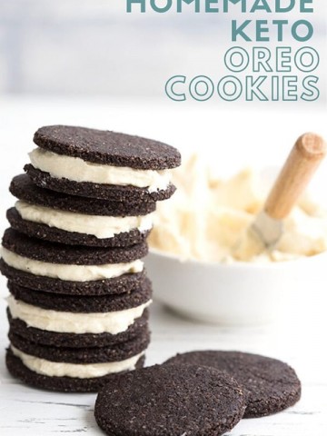 Titled image with a stack of keto oreos, with two wafer cookies in front and frosting in behind