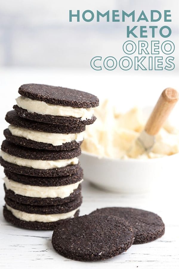 Titled image with a stack of keto oreos, with two wafer cookies in front and frosting in behind