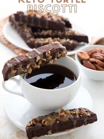 Titled image of keto turtle biscotti with a cup of coffee