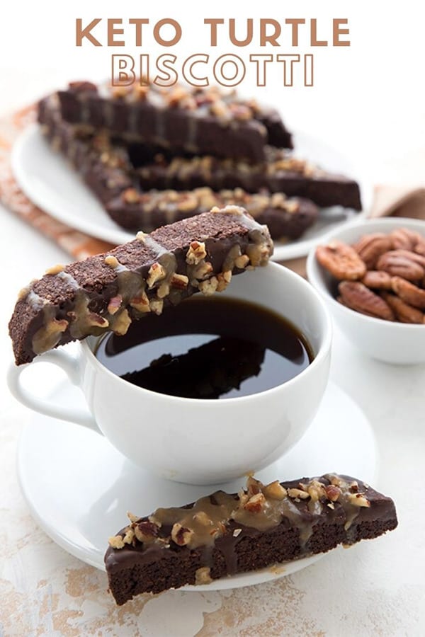 Titled image of keto turtle biscotti with a cup of coffee