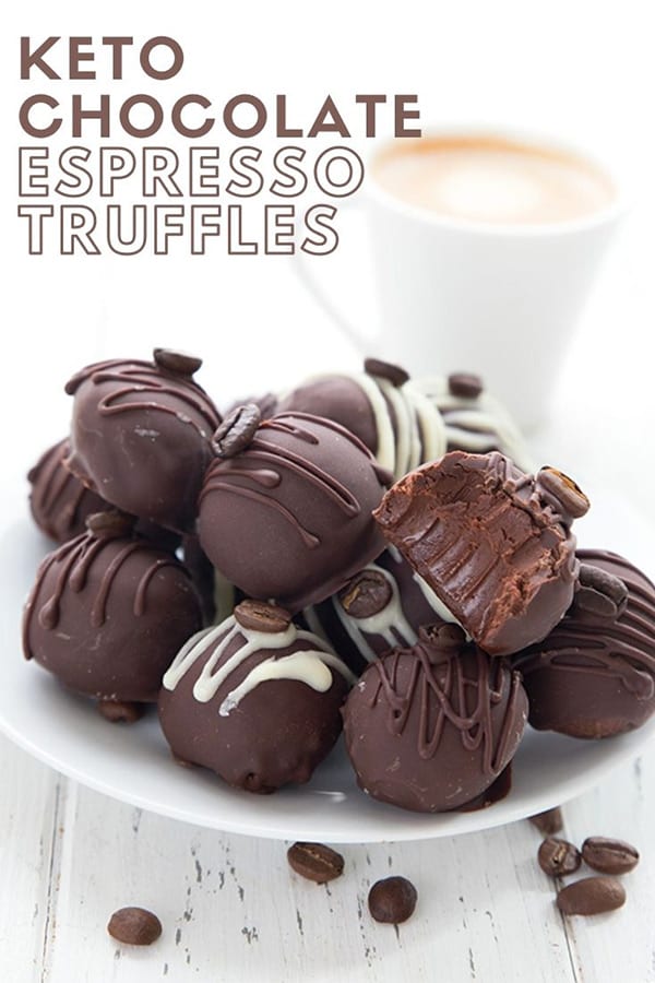 Titled image of keto chocolate espresso truffles on a white plate, with a cup of espresso in the background.