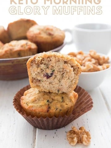 Titled Image of Keto Morning Glory Muffins. One muffin cut open sits on top of another muffin in a brown wrapper.