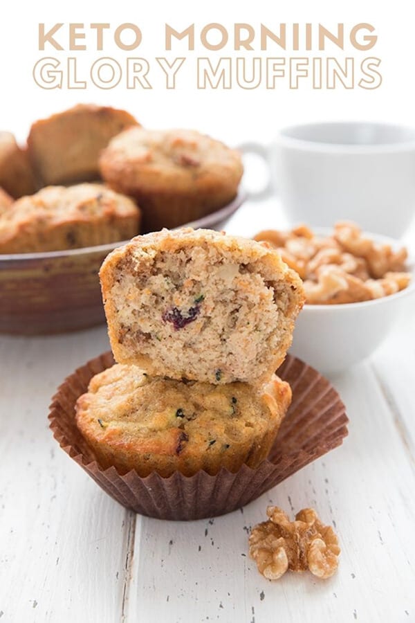 Titled Image of Keto Morning Glory Muffins. One muffin cut open sits on top of another muffin in a brown wrapper.