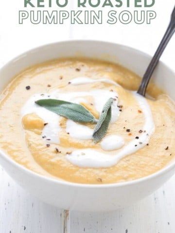 Titled image: Close up shot of a bowl of roasted pumpkin soup with sage and coconut milk