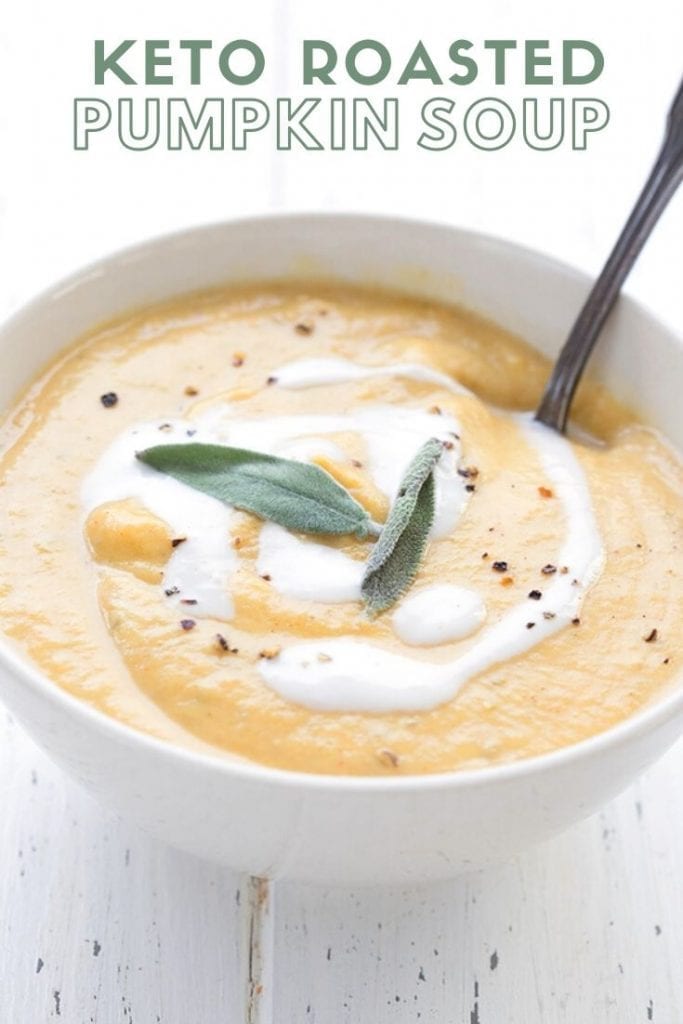 Titled image: Close up shot of a bowl of roasted pumpkin soup with sage and coconut milk