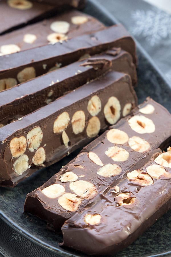 Close up photo of slices of keto chocolate hazelnut torrone