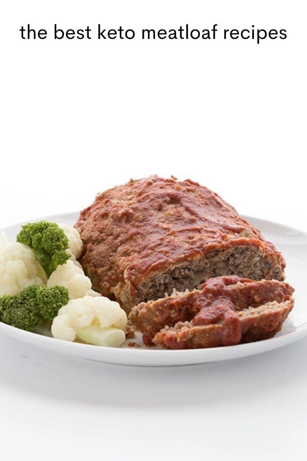 Titled Image of a classic keto meatloaf on a white plate with cauliflower and broccoli