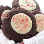 Titled image of Keto Peppermint Bark Cookies in a red gift box.