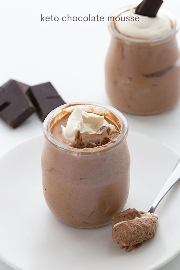 Titled image of two jars of keto chocolate mousse, one with a spoonful taken out