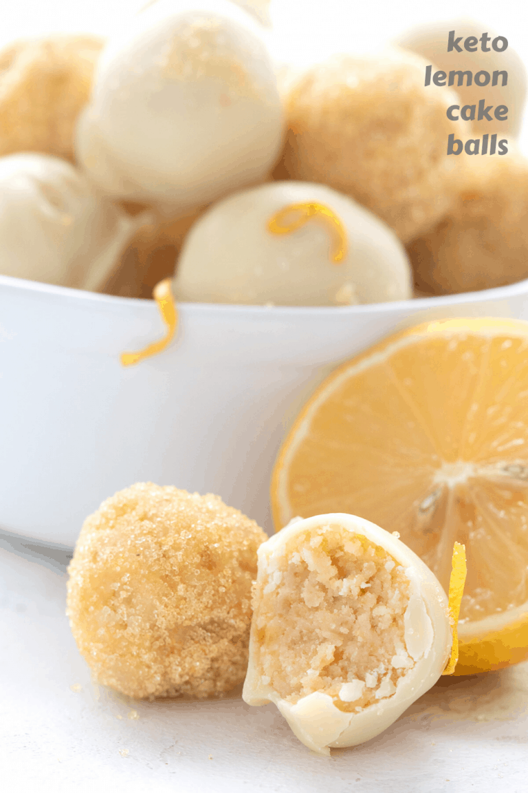 Titled image of keto lemon cake balls in a bowl, with two in front. One has a bite taken out of it.