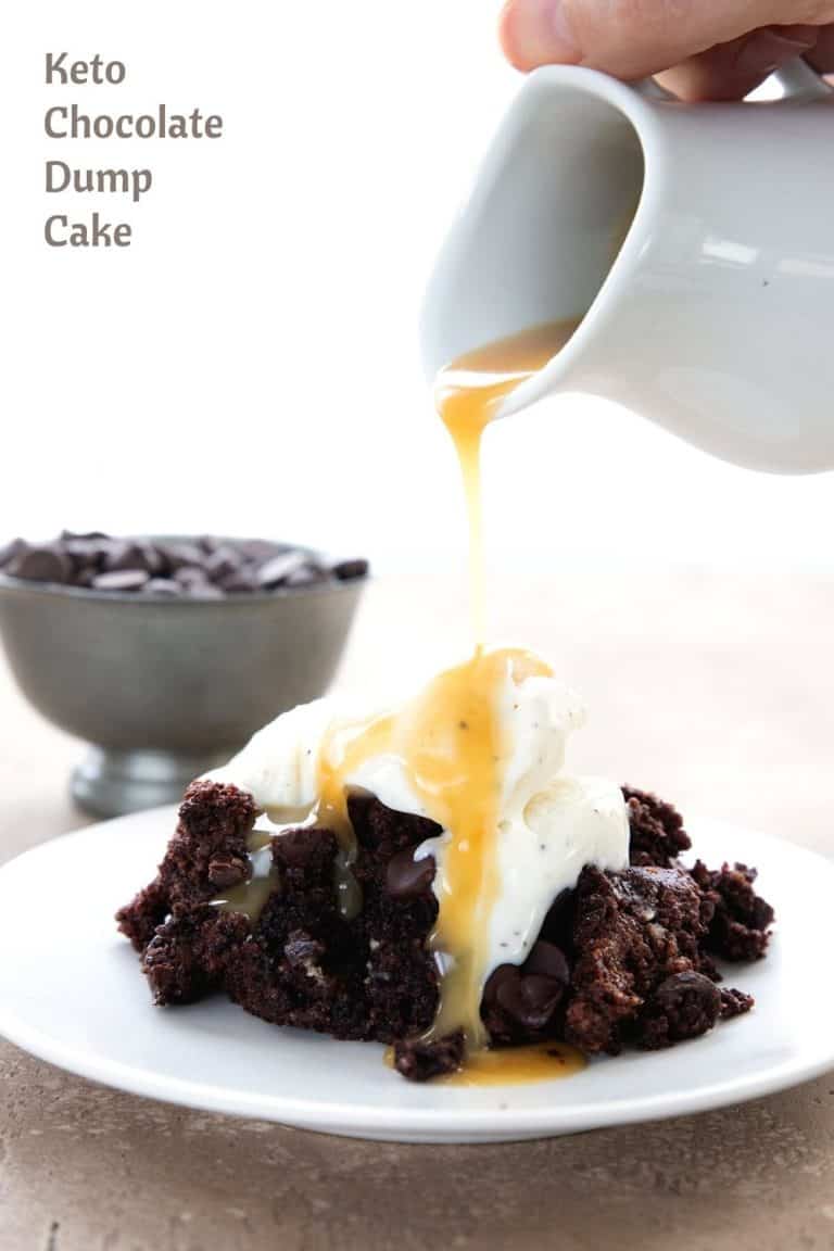 Titled image of sugar free caramel sauce pouring over a plate of keto chocolate dump cake.