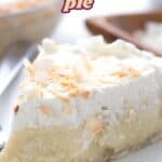 Titled image close up of a slice of keto coconut cream pie with a forkful taken out of it.