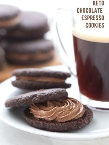 Titled image of keto chocolate espresso sandwich cookies, with one broken open beside a cup of espresso.