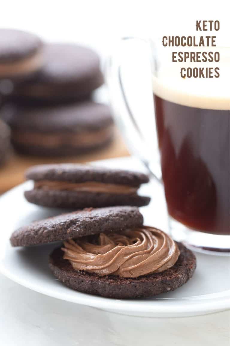 Titled image of keto chocolate espresso sandwich cookies, with one broken open beside a cup of espresso.