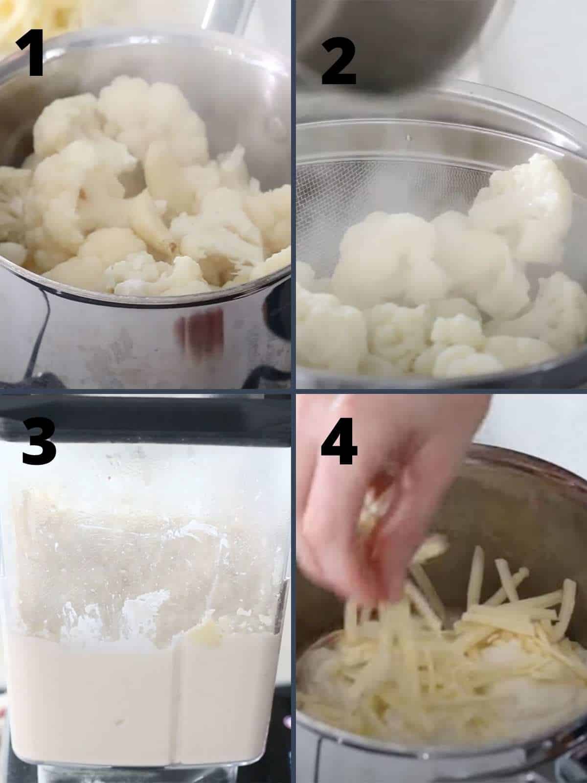 A collage of 4 images showing how to make Mashed Cauliflower. 