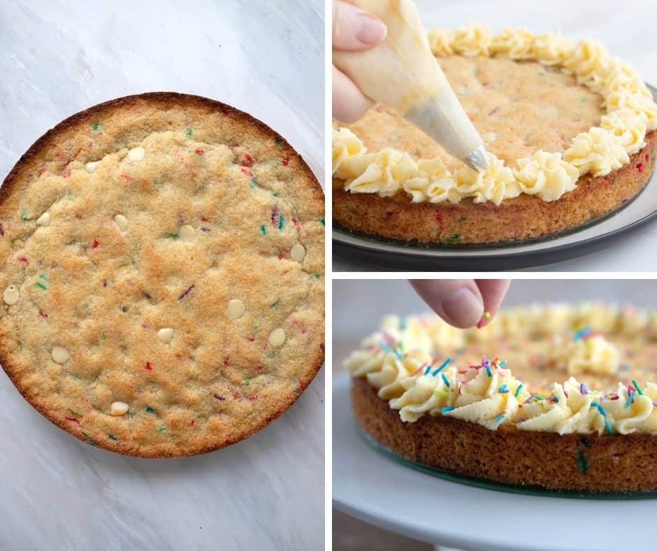A collage of images showing how to make and decorate sugar cookie cake