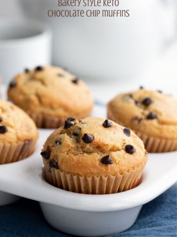 Titled image of keto chocolate chip muffins in a white tray, with a pot of coffee in the background.