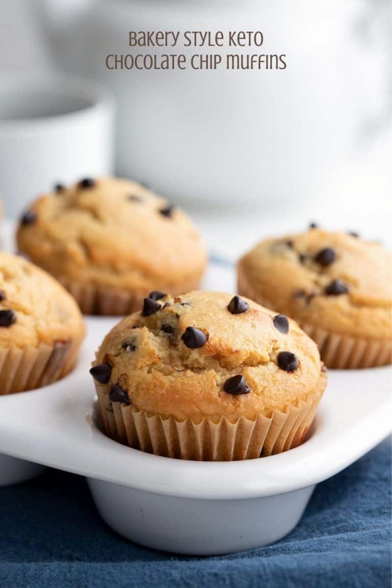 Titled image of keto chocolate chip muffins in a white tray, with a pot of coffee in the background.