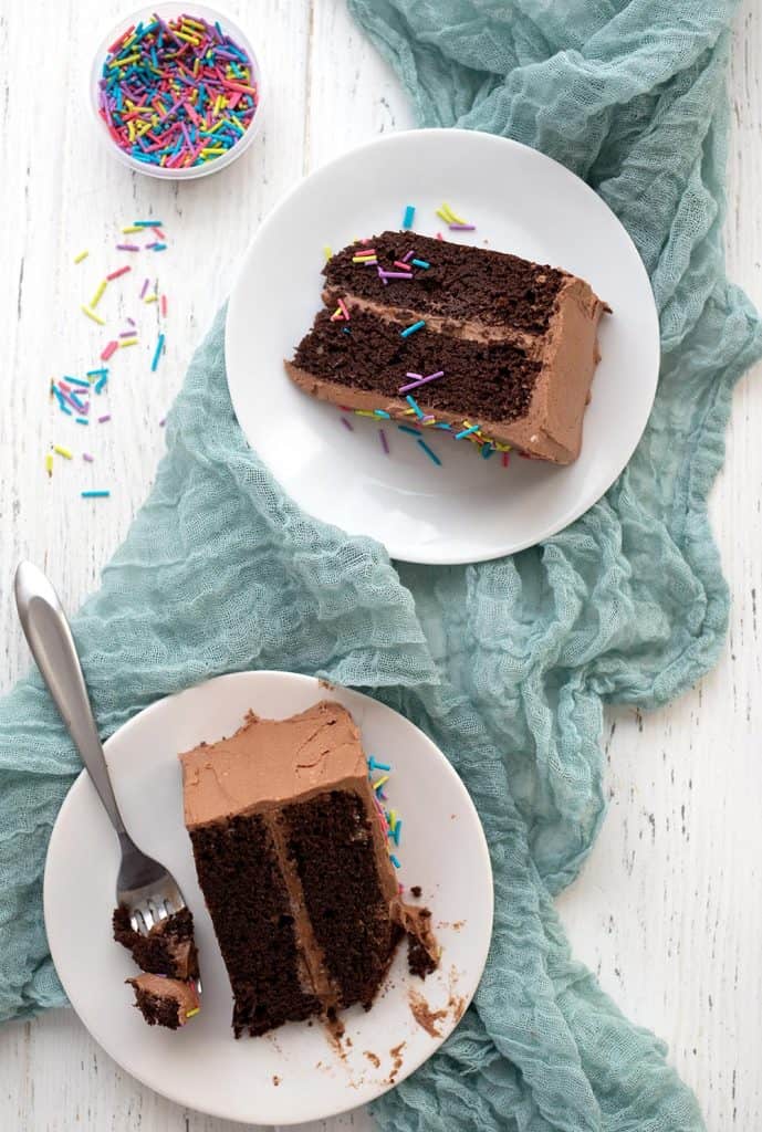Top down image of two slices of keto chocolate cake with a bowl of sprinkles.
