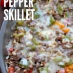 Top down image of Stuffed Pepper Skillet with Cauliflower Rice in a stainless steel pan.