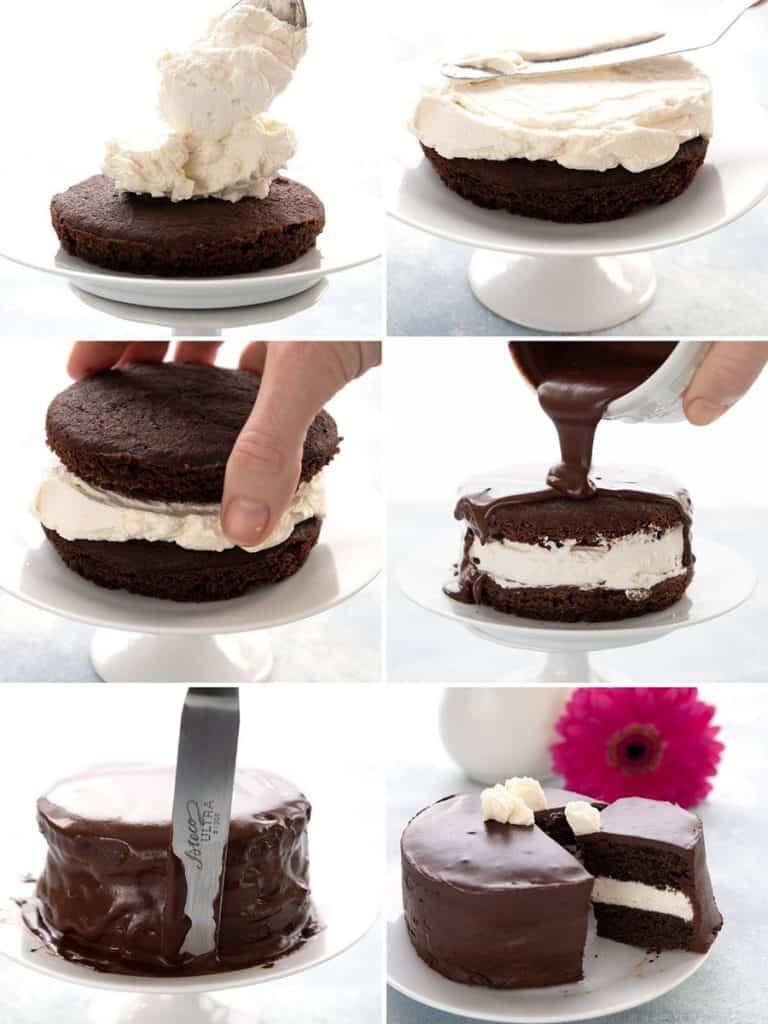 A collage of 6 photos showing the steps for making keto ding dong cake