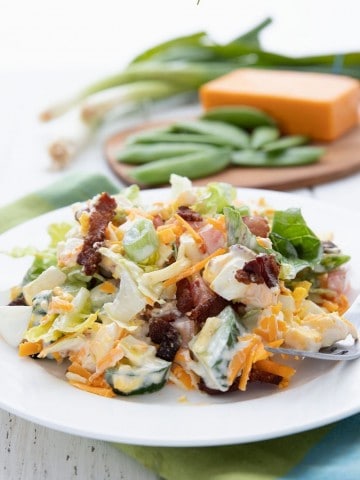 Titled image of a white plate filled with Keto Seven Layer Salad