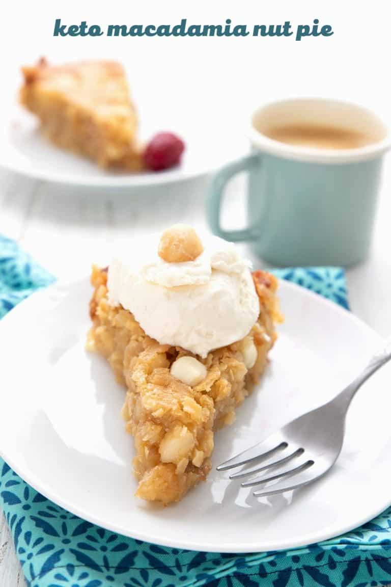 Titled image: a slice of keto macadamia nut pie on a white plate over a blue patterned napkin, with a scoop of ice cream on top.