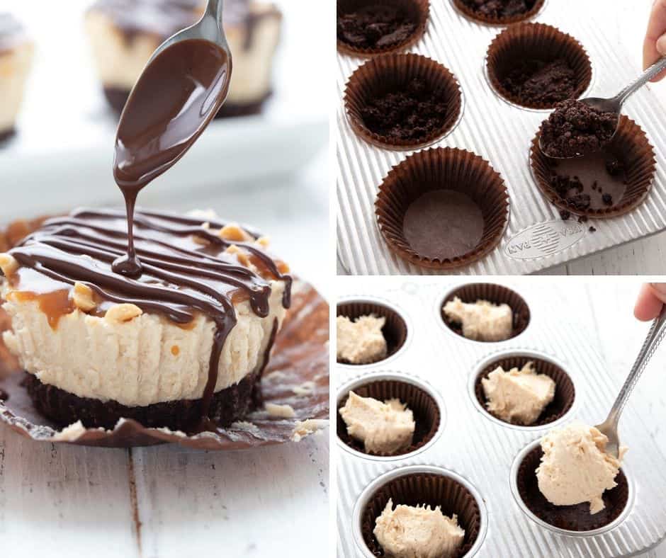 A collage of three images showing how to make keto mini snickers cheesecakes