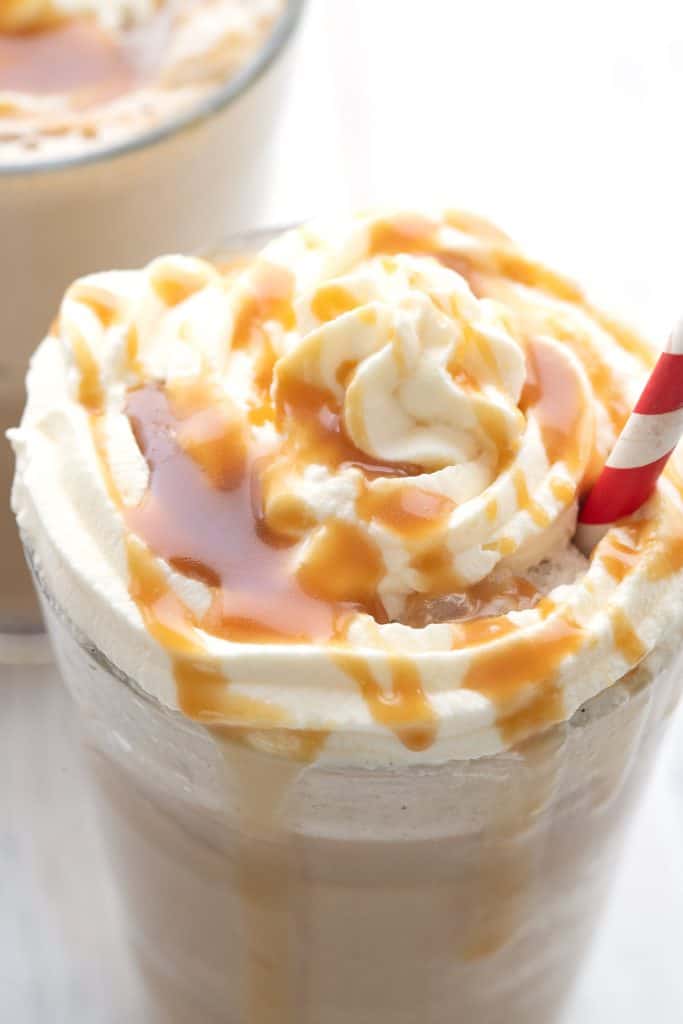 Close up shot of a keto frappuccino with sugar free caramel sauce on top.
