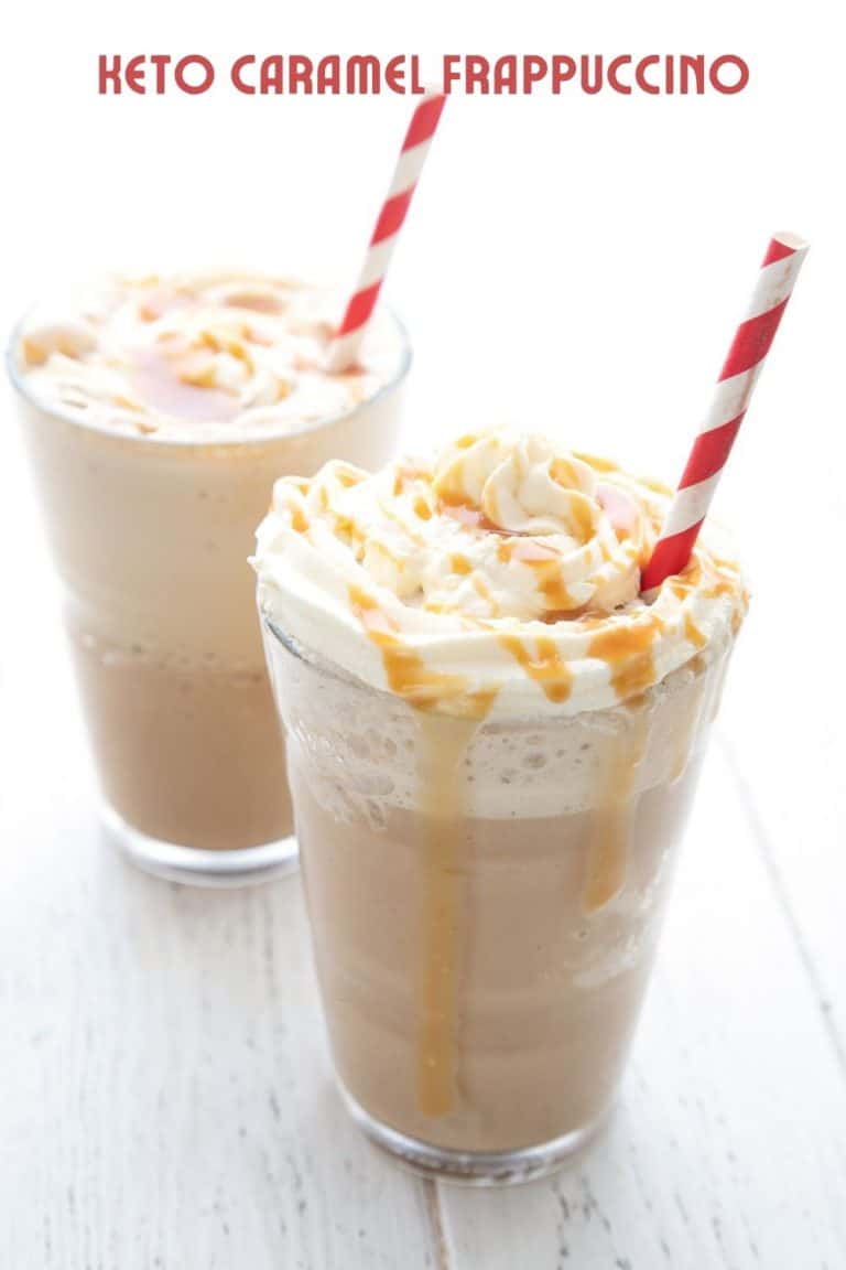 Titled image of two keto frappuccinos on a white table with striped red straws sticking out.