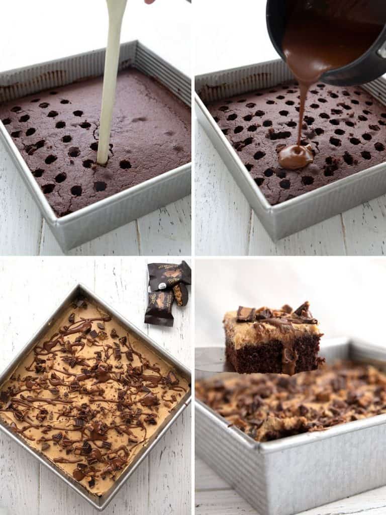 A collage of images showing how to make keto peanut butter poke cake.
