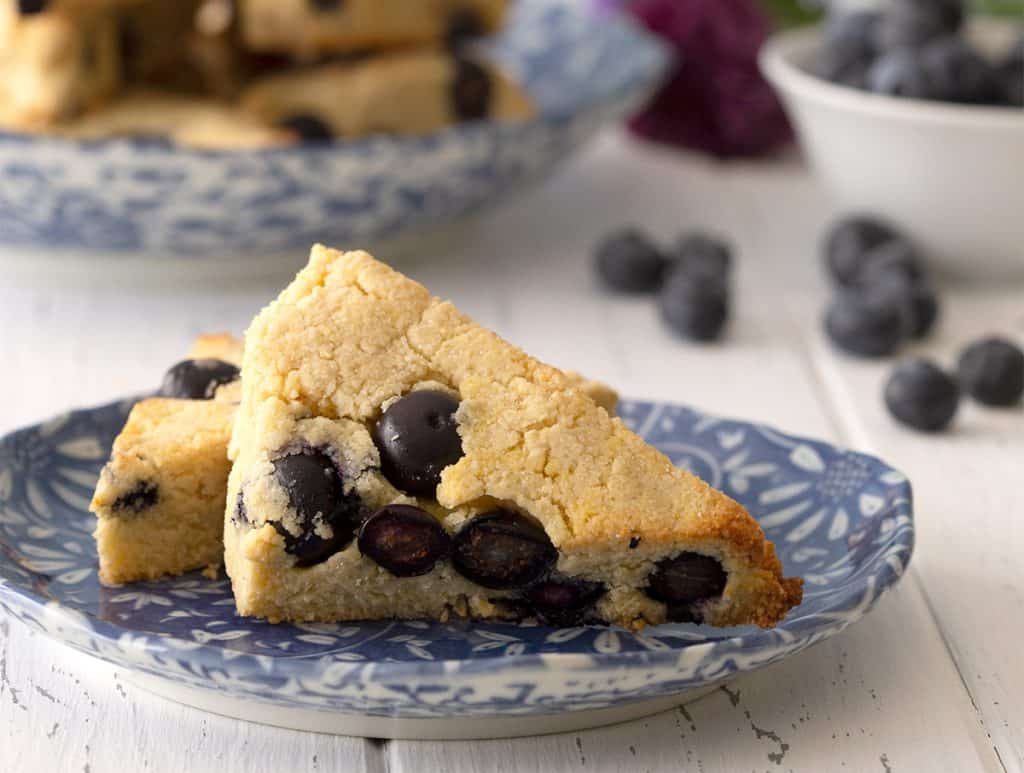 Close up shot of two blueberry scones on a blue patterned plate.