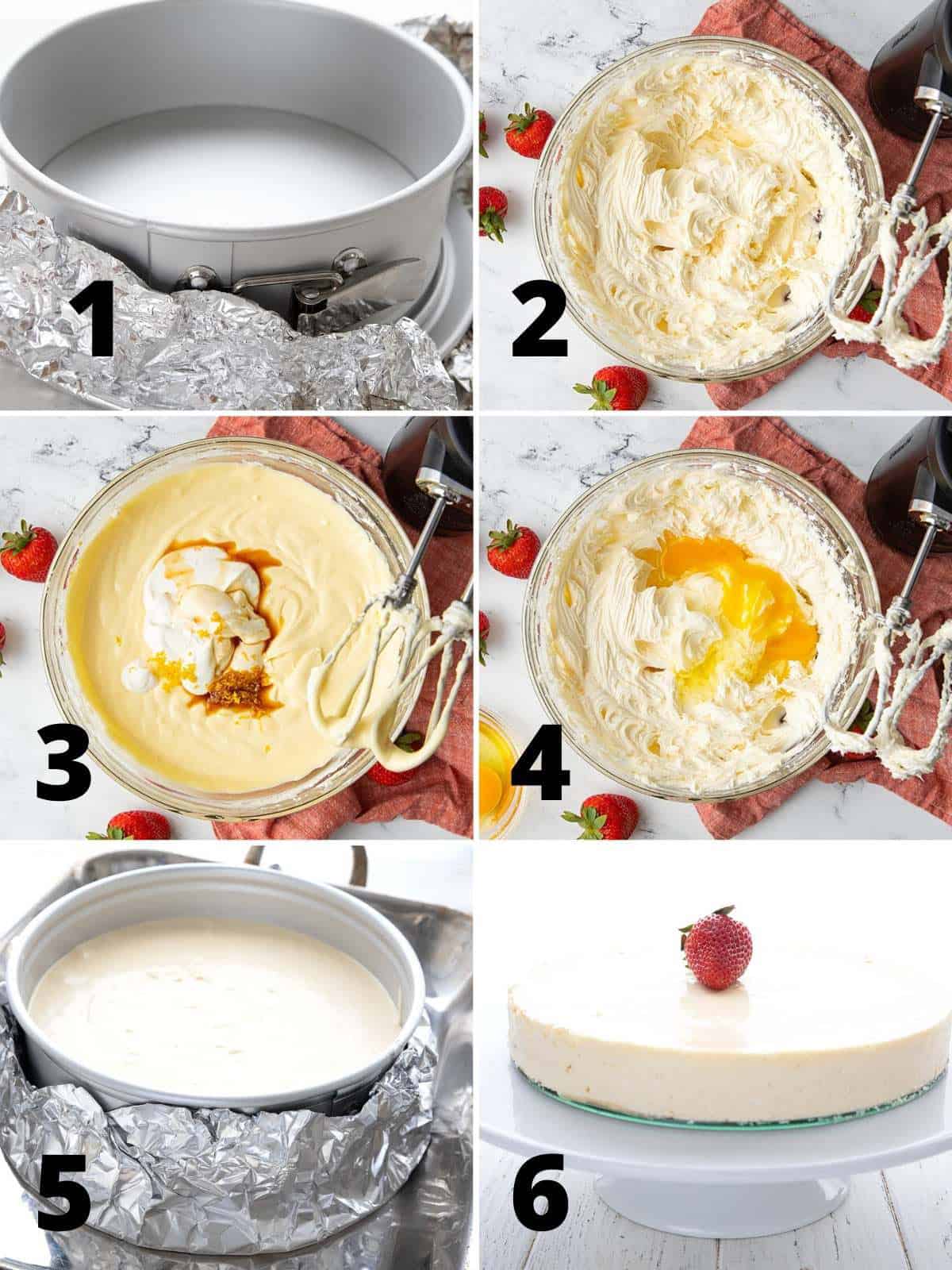 A collage of 6 images showing how to make Keto Cheesecake. 