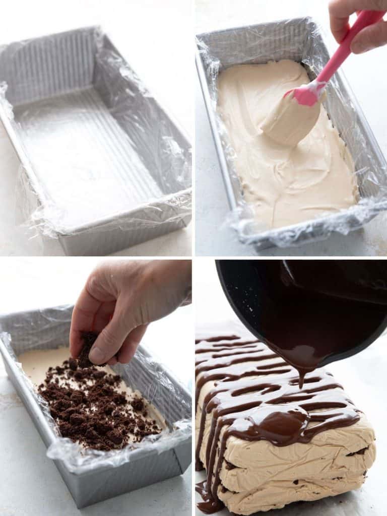 4 photo collage showing the steps for making sugar free ice cream cake