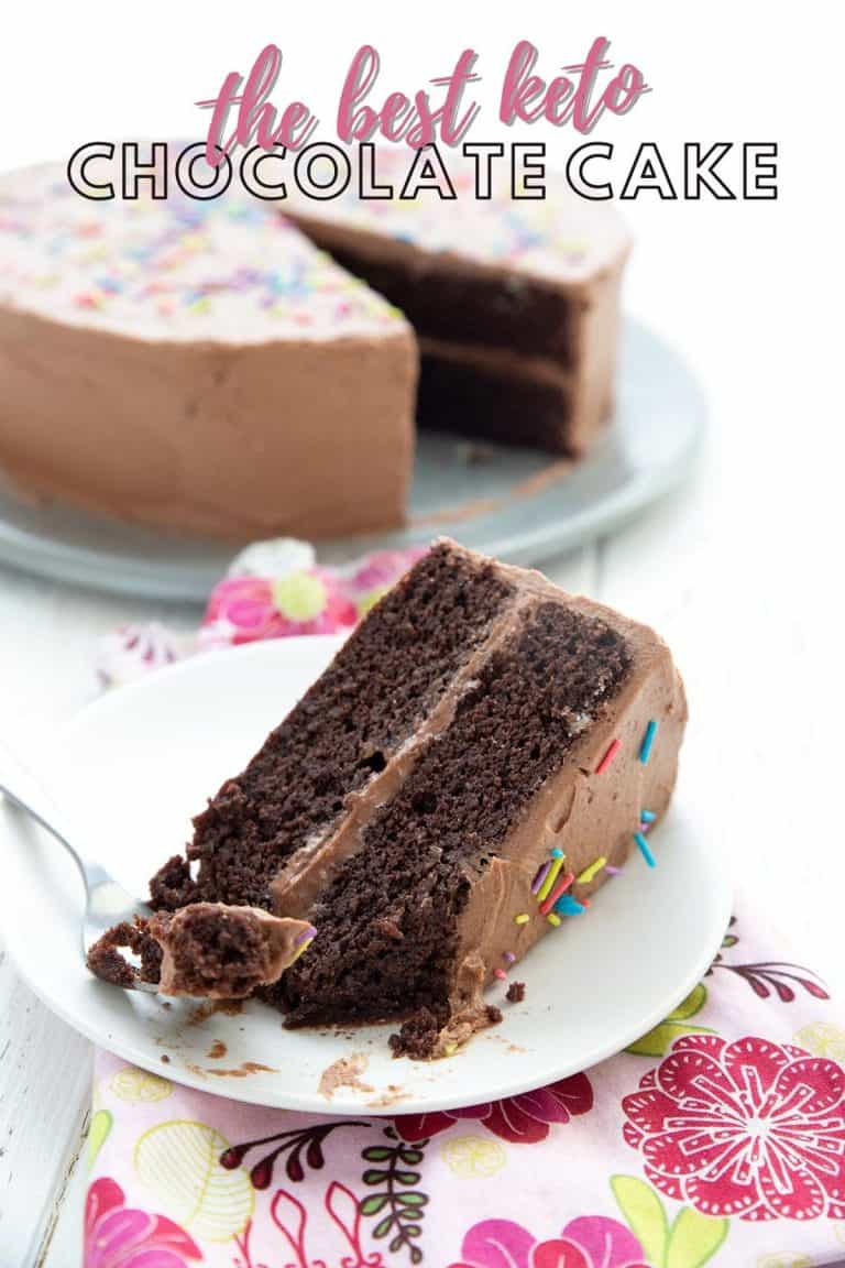 Titled image of a slice of keto chocolate cake on a white plate over a colorful floral napkin.