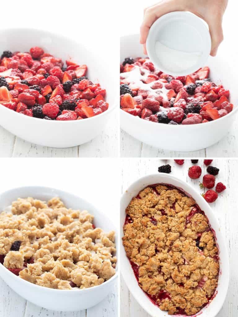 A collage of four photos showing the steps to make keto berry cobbler.
