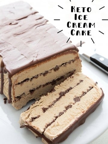 Titled image of sugar free ice cream cake on a white plate with a slice cut out of it.