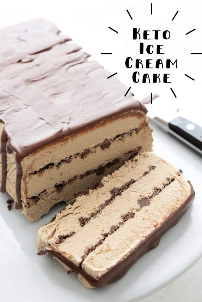 Titled image of sugar free ice cream cake on a white plate with a slice cut out of it.