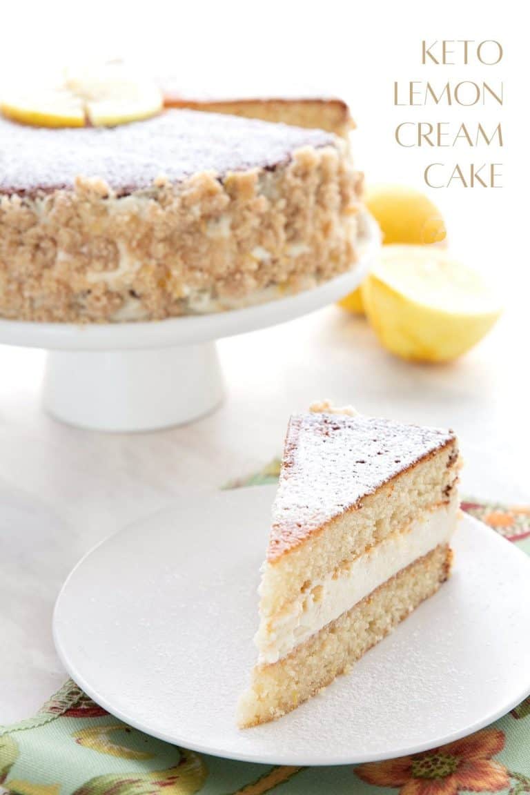 Titled image of keto lemon cream cake with a slice sitting in front of the main cake.