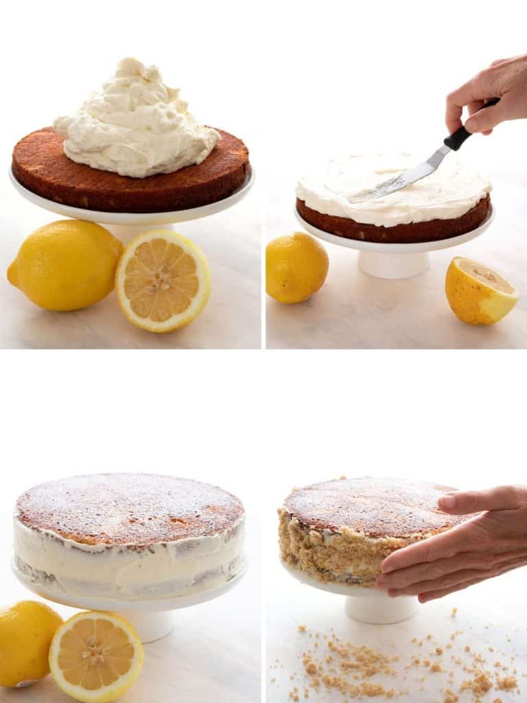 A collage of photos showing how to assemble a keto lemon cream cake.